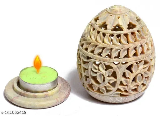 Pooja Creation  Marble Soapstone Aroma Candle Diffuser Egg Shape Diya Tea Light Holder ll Handcrafted Carving for Home and Office Decor - 3 inch