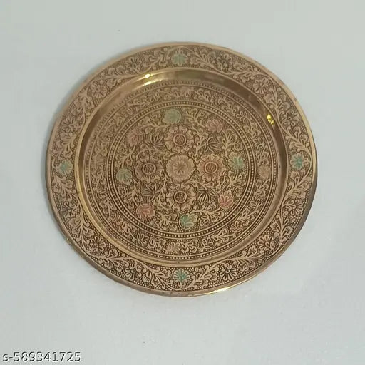 Elegant Hand-Arted and Hand-ARTISTICLY Painted BRASS AFTABA Set of 8 Pcs.;  A Great Luxurious Gift for your Loved Ones; A SERVING TRAY WITH INTRICATE TRADITIONAL DESIGNS & FLORAL PATTERNS;  AFTABA- 5.5 Inch Height, Cup - 1.5 Inch Height, Tray - 7 Inch Dia