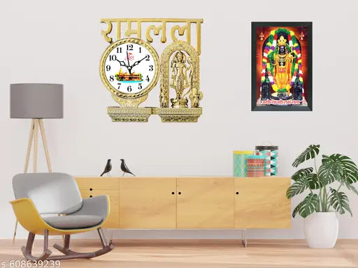 Ramlala Golden Wall Clock – A beautifully crafted timepiece featuring a divine Ramlala design in a golden finish.