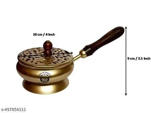 Home & Incense Metal Charcoal Incense Burner, Bakhoor Burner, Sambrani Dhoop, Loban Burner with Wooden Handle for Home Decor,Temples,Offices & Prayer Butler ( Gold )