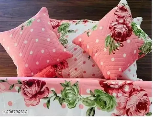 5pc bedsheet set (1 Bedsheet + 2 Pillow Covers with Embroidery+ 2 Cushion Cover with Embroidery with filler) Heavy Quality Multicolor five piece set