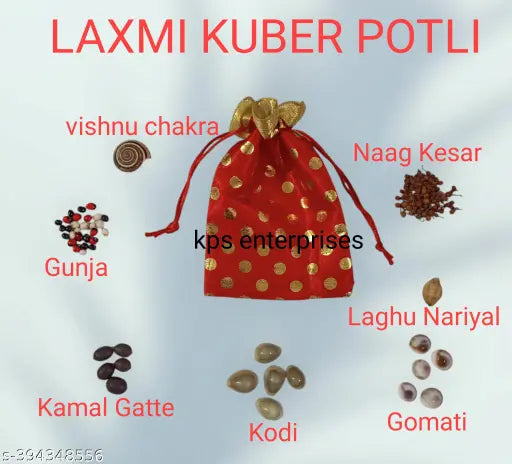 LAKSHMI KUBER POTLI FOR WEALTH AND PROSPERITY POTLI 1,GOMATI CHAKRA 5,NAAG KESAR 11,KODI 5,GUNJE RED BLACK WHITE 5 EACH,KAMAL GATTE 5,LAGHU NARIYAL 1, VISHNU SHUDARSHAN CHAKRA 1 (44 pcs)