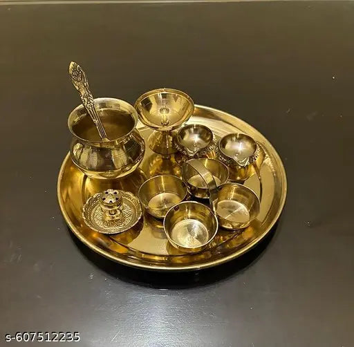 Brass Puja Thali Set, Complete Worship Kit with chokda and Spoon, Gold Finish