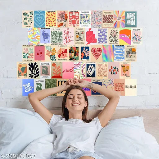 KARTMEN - Peel-N-Stick Photo Wall Collage Kit || 50 PCS Danish Pastel Room Decor Aesthetic, Matisse Wall Art for Teen Girl Room Décor| Small Posters for Room Decoration- Beige