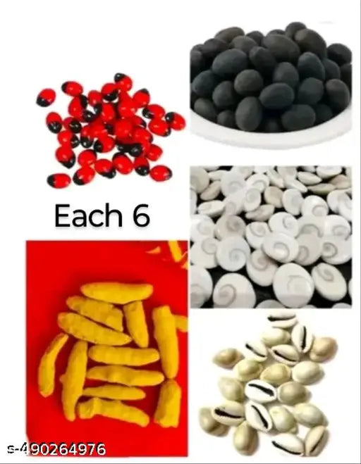 6 red gunja,6 gomti chakra,6 kamalgatte,6 kowdi,6 haldi pcs good quality product.