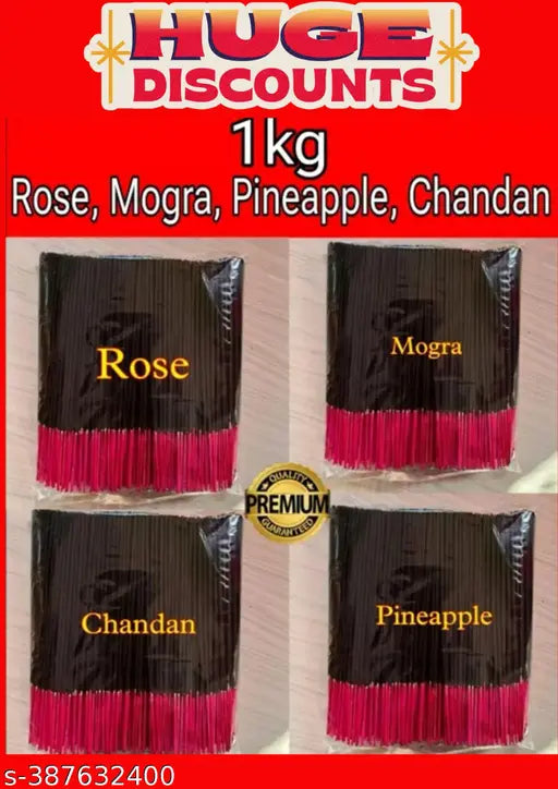 Premium Rose (250 gm), Mogra (250 gm), Pineapple (250 gm) And Chandan (250 gm) Agarbatti/Incense Sticks Pure Fragnance | 4 in 1 combo| combo pack offer | 4 In One Combo Agarbatti 1kg(250gram Each ) Agarbatti For Home Pooja Dhup Pooja Agarbatti|1kg ,250g F