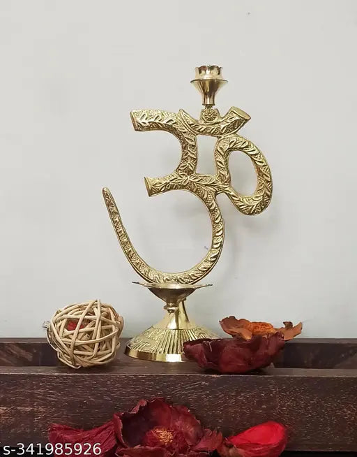Bystreet artisans Om Aum Symbol with Brass Diya Oil Lamp and Incense Holder,Table top Brass Diya with Agarbatti Stand (Golden, 17Cm Height)