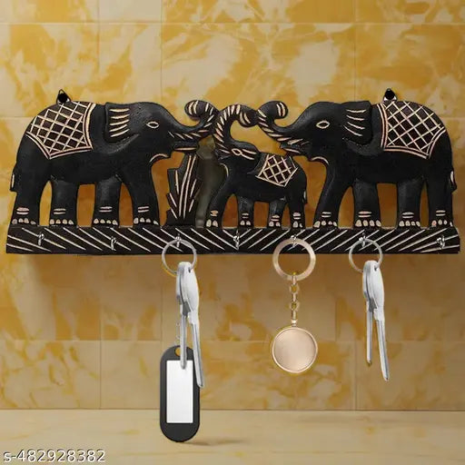 AS  ENTERPRISES Elephant Design Wooden Key Holder Decorative Wall Decor Key Holder for Home MDF Wood Key Chain Holder with 7 Hooks (Pack of 1)