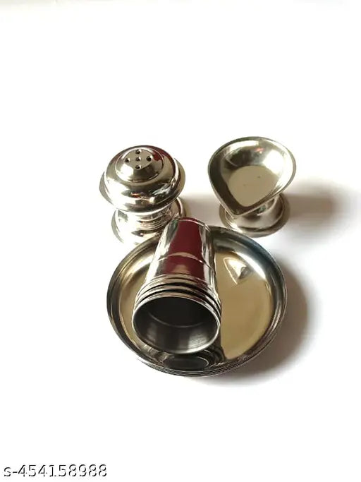 Steel thali, glass, agarbatti stand & diyas sets for pooja samagri.