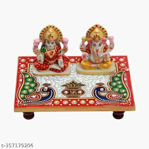 SJ Marble Lakshmi Ganesh ji with Marble Chowki (Size 6x4 inches Multicolor)