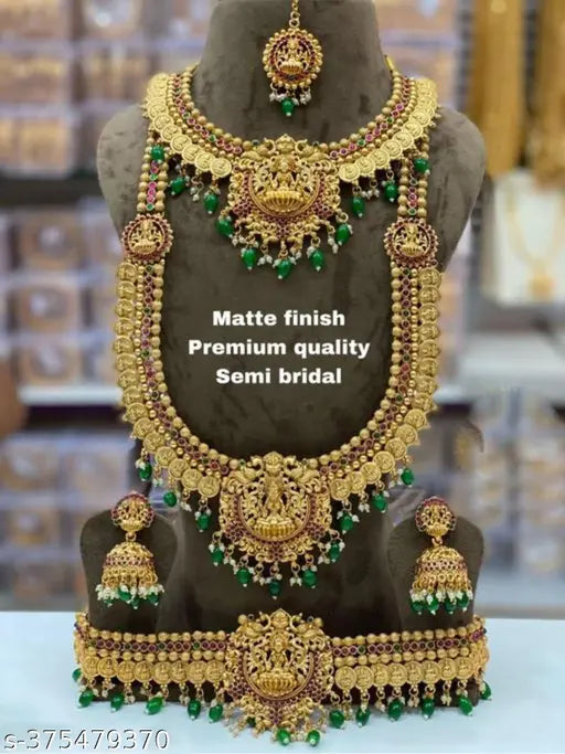 Traditional South Indian Temple Jewellery Laxmi Design Semi Bridal Jewellery Set With Green And White Pearls (Drops) Paired With Earrings For Women And Girls Jewellery Set.