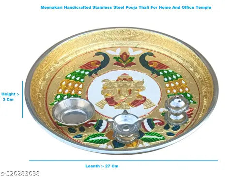 Meenakari Stainless Steel Pooja Thali Plate With Insance And Diya Holder For Home And Office