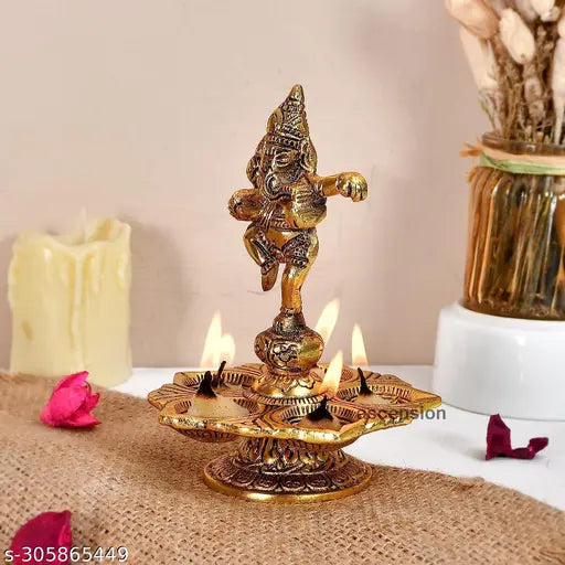 Metal Dancing Ganesh Diya with 5 Wick Holder with Stand for Pooja Room Diwali Home Decoration Antique Lord Ganesha Diya for Temple Oil Lamp...