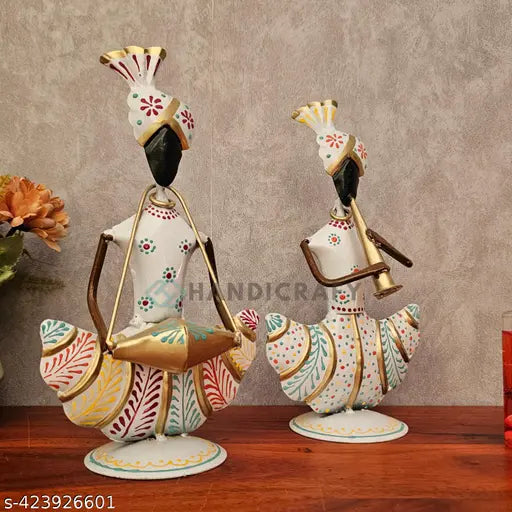 Hand-Painted White Iron Musician Couple | Festive Decor | Vastu Positive Gift Item