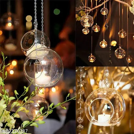 Yug Glass Hanging Tea Light Candle Holder, Crystal Glass Hanging Planters for Indoor and Outdoor Decoration, Set of 4