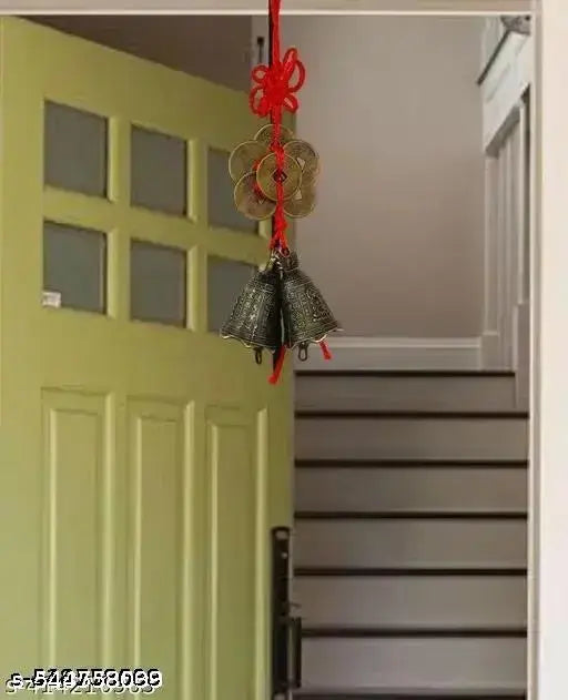 Fengshui Vastu Lucky Brass Hanging 2 Bell Six Coins Main Entrance Door Hanging for Home Office Wealth Prosperity Spiritual Decor Item
