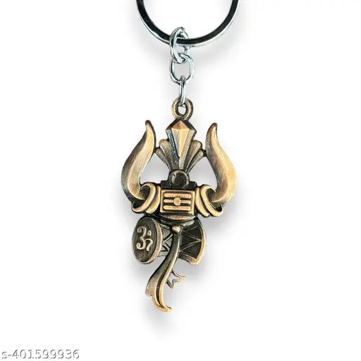 Rockshok Metal Key Chain for Various Uses - Trishool & Damroo Shape Oxidised Golden Color