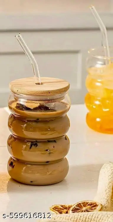 Premium Quality Can AND Ring Shape Glass 500 ml With Wooden Lid and Straw For Coffee, Smoothies, Milk Shake and Many More
