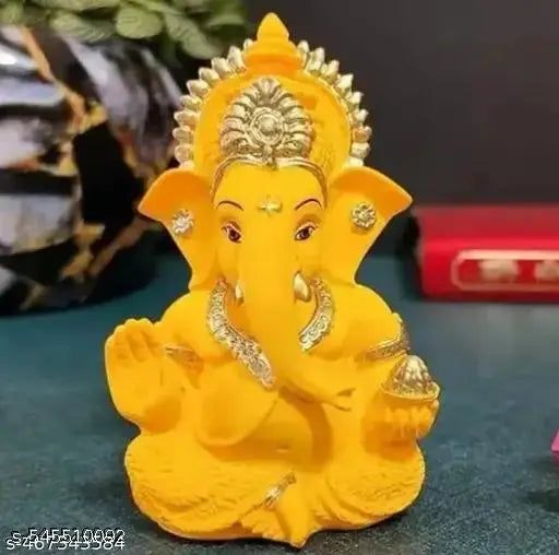 Yellow Mukut Ganesha - Good for Divine Home/Office Decor, Car Dashboard Idol, Housewarming Gift(Mukut Yellow Terracotta 3.5")