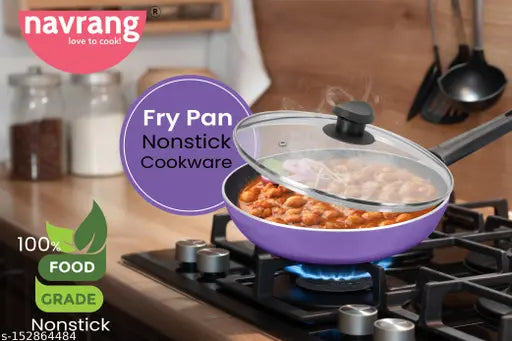 Navrang Nonstick Frypan 220 With Glass Lid, Non Induction,Purple,
