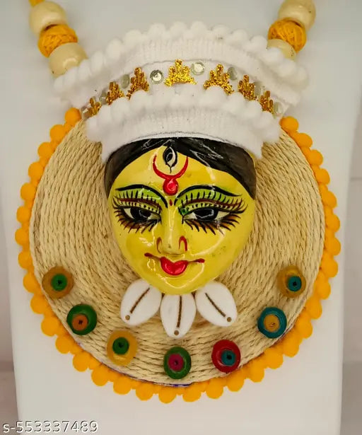 Handcrafted Terracotta Durga Goddess Jute Necklace Set, Traditional Indian Design, Yellow with Matching Earrings