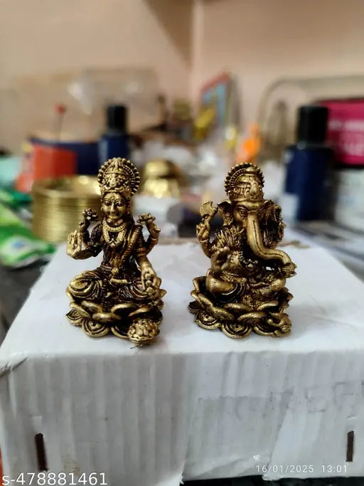 Pure Brass Royal Finishing Lakshmi and Ganesh Pair| Elegant Statues of Brass| Temple Decor (Yellow, 1.2 Inch) poja Room (pack of 2) 100gm