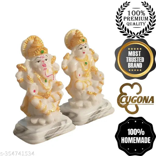 Marble Finish Laxmi Ganesh Idol for Home puja MATA Laxmi Ganesh Ganesha Ganpati golden design Marble Statue Idols Murti for Pooja Room & Gift Items (Polyresin - 10 Cm)  ganesh lakshmi ki murti