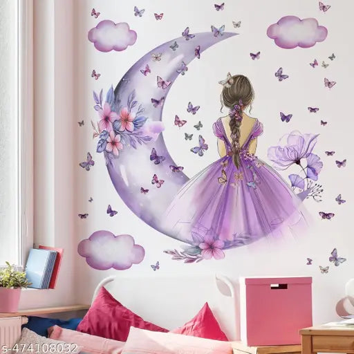 Advait Design decorative cute girl on moon with butterfies wall stickers for living room, children room, nursery, playgroup
