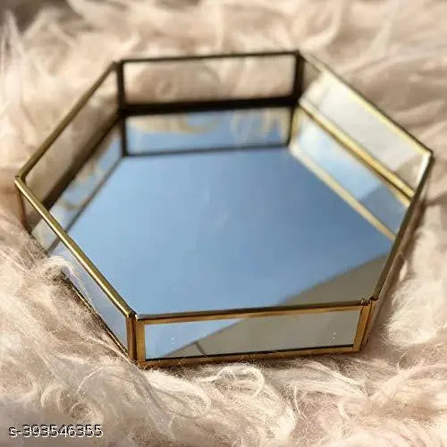 UDI Hexagon Glass Tray with MetalRim Mirror Base Vanity Tray for Home Decor Jewellery Organiser, , Gold(10x10x1.5 inches)