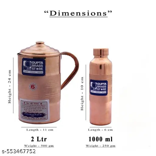 GUPTA BRASS STORE Pure Original Copper Water Jug (2L) & Copper Bottle (1000ml) set