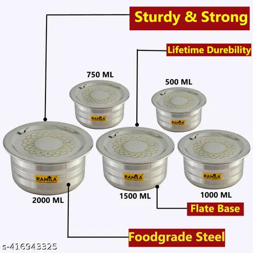 Stainless Steel Patila Bhagona Tope Set With Lid ( Silver Touch Design And Laser Design Lid )- Capacity 2000ml,1500ml,1000ml,750ml,500ml)