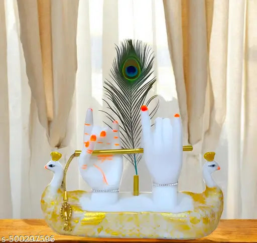 Once again Gold Plated Lord Krishna Hands Idol with Flute, and Peacock Feather | Statue for Gifting, Temple, Tabletop, Office & Home Decor Showpiece for livingroom laddu gopal Makhan chor murlidhar size-23x6x15cm