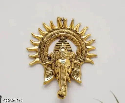 Lord Ganesh with Surya Kiran wall hanging statue for home & office, used for Vastu & decoration | For prosperity, power & good luck in life | Handcrafted Golden Color White Metal Idol |