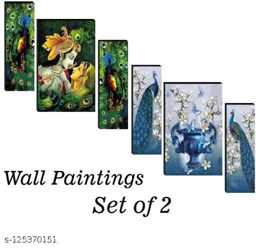 WALLSTOXX Beautiful Combo Set of 3 Radha Krishna With Peacock Pot Wall Painting UV Textured Home Decorated Gift Item 6 MM MDF Painting 12 Inch * 18 Inch