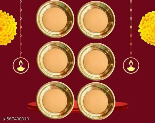 Handmade Pure Brass Small Size Plate for Pooja/Diwali/Bhog/Prasad | 6 Pcs Puja Thali Set