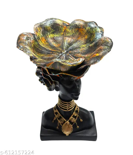 Decor Bazar™ Handcrafted African Lady Statue with Floral Basket on Head | Decorative Organizer Showpiece for Tabletop, Living Room, Office, Home Decor & Gifting