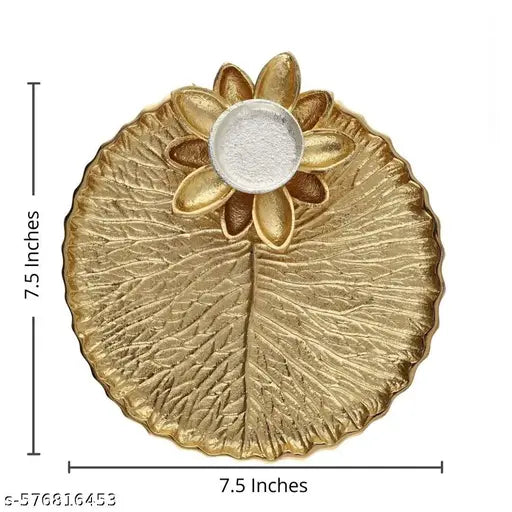Gallery Lotus Leaf Metal Round Plate for Home/Pooja with Tealight Candle/Diya Holder (Golden; Diameter - 8 Inch)