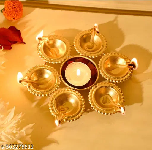 ST Diya Shape Flower Decorative Urli Bowl for Home Diwali Decor with 6 Attached Oil Diyas for Floating Flowers and Tealight Candles Home Table Diwali Decoration Items for Pooja Room (7 inch)
