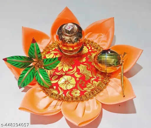 Copper kalash,brass mango leaf and coconut and silk asan