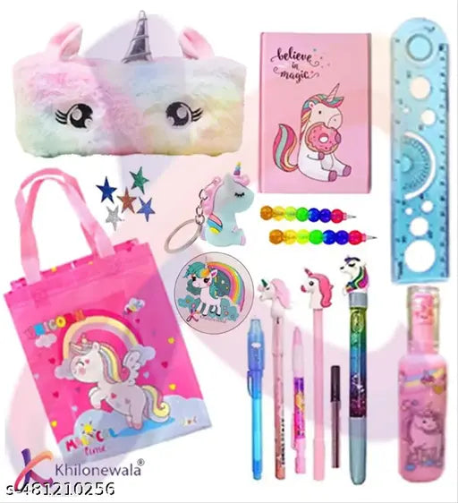 Khilonewala Unicorn-Themed Stationery Set: Complete School Supplies Collection with Pouch, Bag, Diary, Pens, Pencil, Keychain, Ruler, Highlighter, and Glittery Accessories for Fun and Creative Learning. Perfect for Kids!