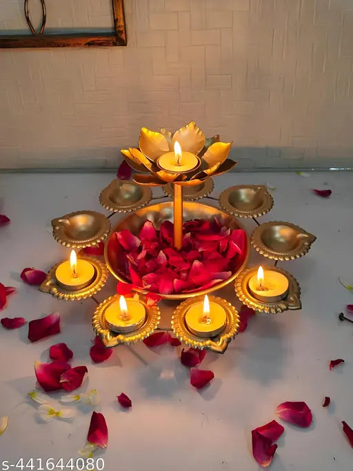 New Diya Flower Urli Bowl – Decorative Bowl & Pooja || Decorative Urli Bowl for Floating Flower for Home and Office || 2 step floral design Urli Bowl for decoration || Diwali Decoration Items, Metal, (Gold) (Candle Urli Bowl)