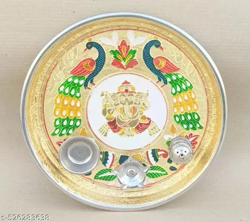 Meenakari Stainless Steel Pooja Thali Plate With Insance And Diya Holder For Home And Office