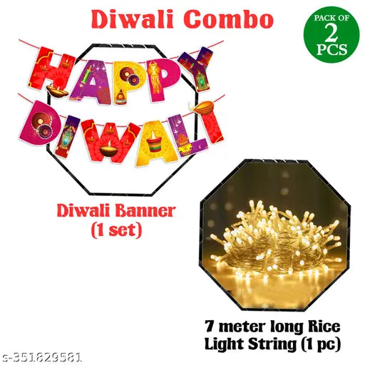 Zyozi Happy Diwali Decorations Items/Diwali Decorations Kit - Happy Diwali Banner & Rice Light (Pack Of 2)