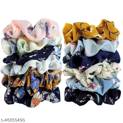 Drisona Satin Silk Printed, Plain & Velvet Scrunchies For Women And Girls Less Hair fall Hairbands Rubber Band Multicolor color Pack of-12 Pcs