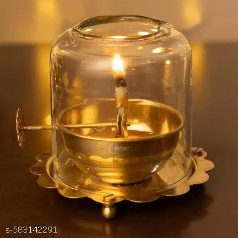 Mizli Brass Akhand Jyot Diya (LARGE SIZE) with Adjustable Wick | Oil Lamp with Borosilicate Glass Chimney | Ideal for Hindu Pooja, Temple, Festival & Gift Item