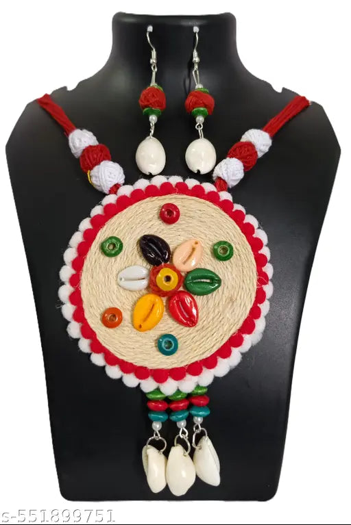 Handcrafted Tribal Shell Necklace Set with Earrings, Red Thread, Multicolour Beads and Metal Pendant (Pack of 2).