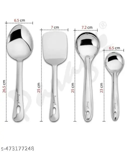 Stainless Steel Kitchen Tools Set for Kitchen Cooking and Serving, Pack of 4, Serving Spoon, Turner/Spatula (Palta), Basting and Rice Spoon, Silver