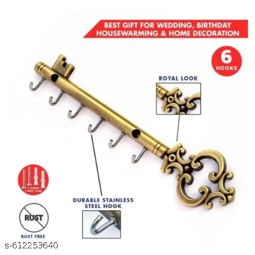 Key Design Wall Key Gold  Holder – 6 Hooks | Premium Golden Metal Key Stand | Wall Mounted Organizer for Home & Office – Pack of 1