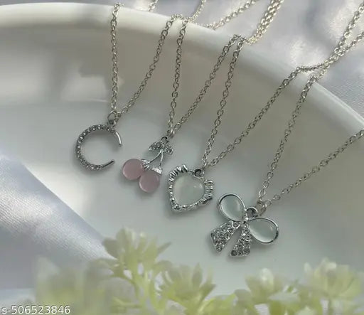 Beautiful Necklace Set of 4 Stylish trendy Silver plated American diamond charm pendant necklace for women and girls. | Accessories | Gift | Korean | Minimal | Neckpiece | Aesthetic Jewellery