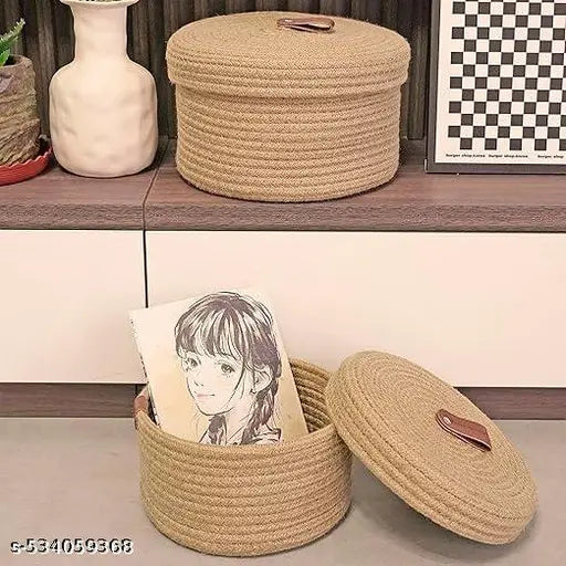 Talib Textile Purpose Essential Jute Basket with Lid Beige Color Storage Baskets For Bathroom Living room & Kitchen Organiser box vanity box first aid box (Pack of 2) 28x18cm and 13x23cm